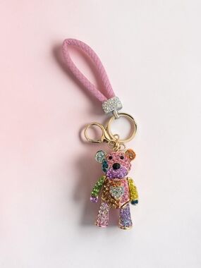 Rainbow Rhinestone Teddy Bear Keychain w/ Pink Wrist Strap NEW